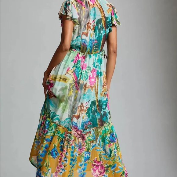 Anthropologie V-Neck Flutter-Sleeve Colorful Tropical Print Dress M - Picture 2 of 5